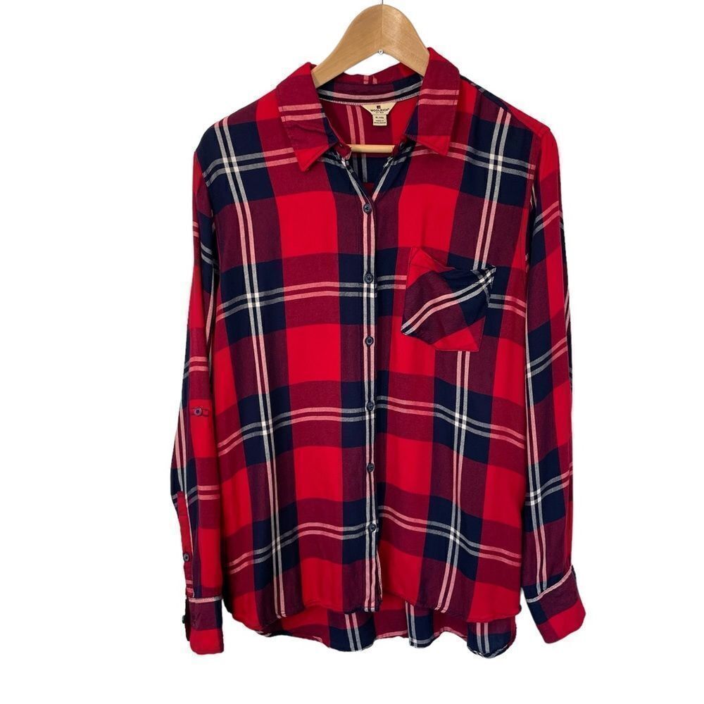 Woolrich Rayon Red Festive Plaid Print Button Down Blouse, XL